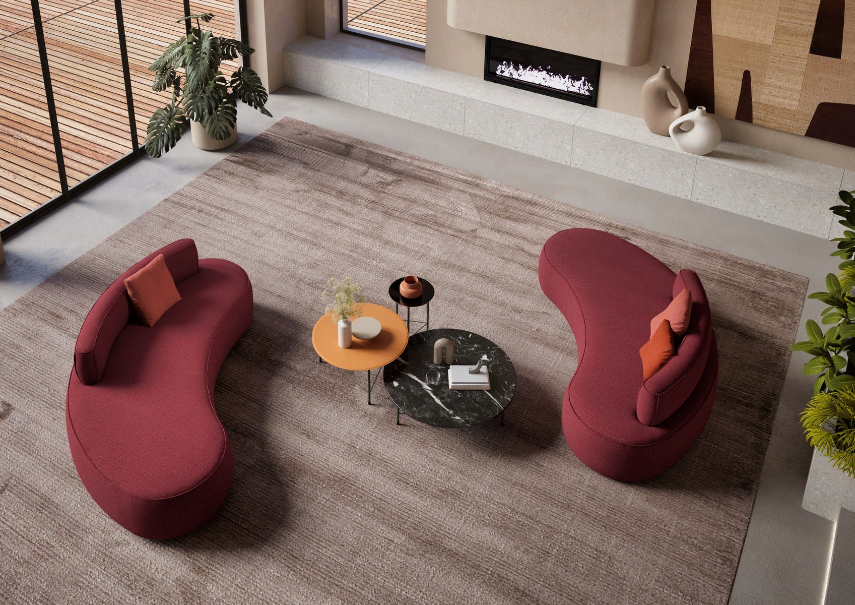 overhead view living room interior design red curved sofas coffee tables rug fireplace, modern furniture.