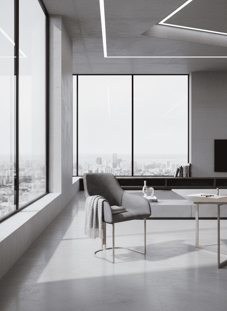 Modern office space with a desk and chair near large windows with a cityscape view.