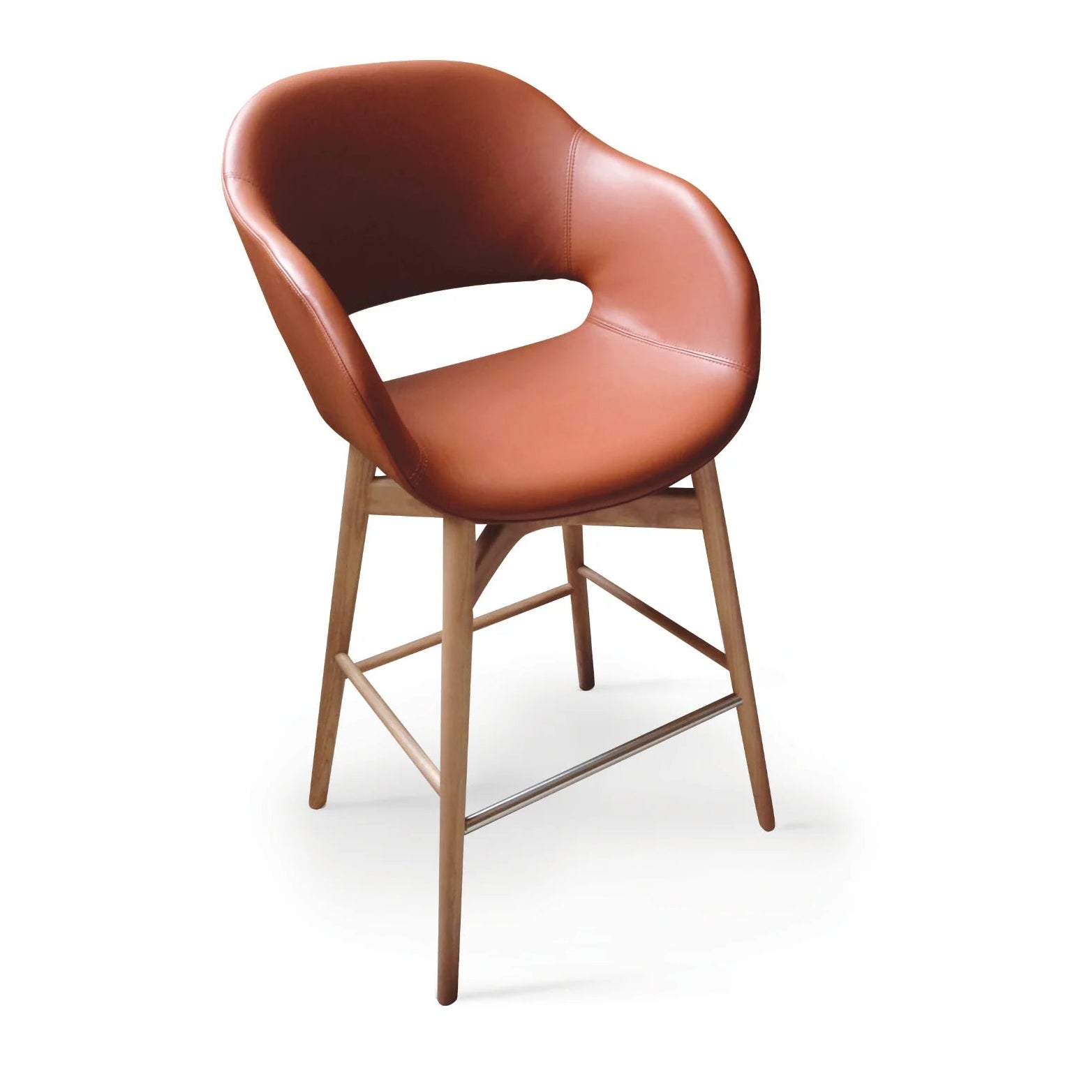 Brown leather bar stool with light wood legs on white background.