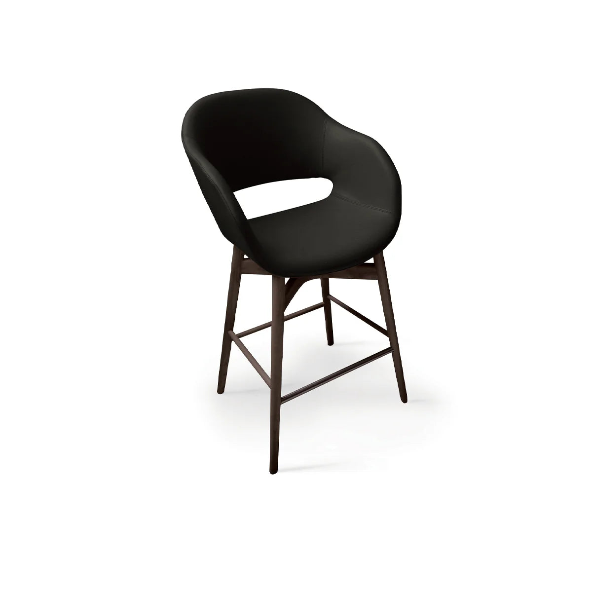 Black leather bar stool with dark wood legs and footrest