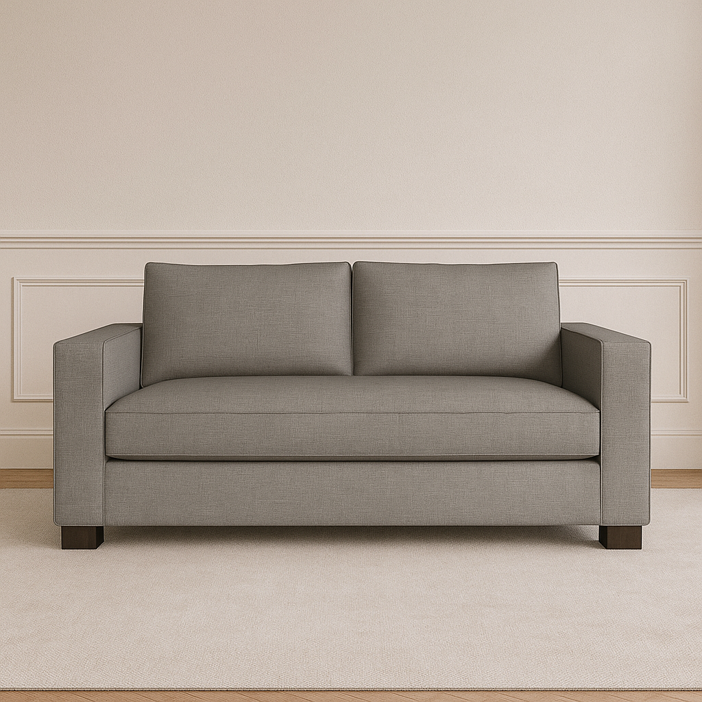 Grey fabric sofa with dark wood feet on light rug
