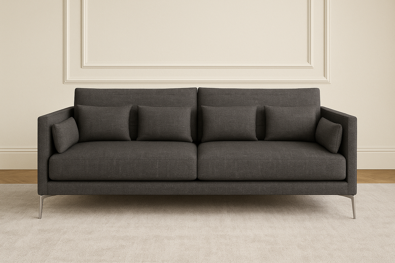 Dark gray fabric sofa with pillows on light rug