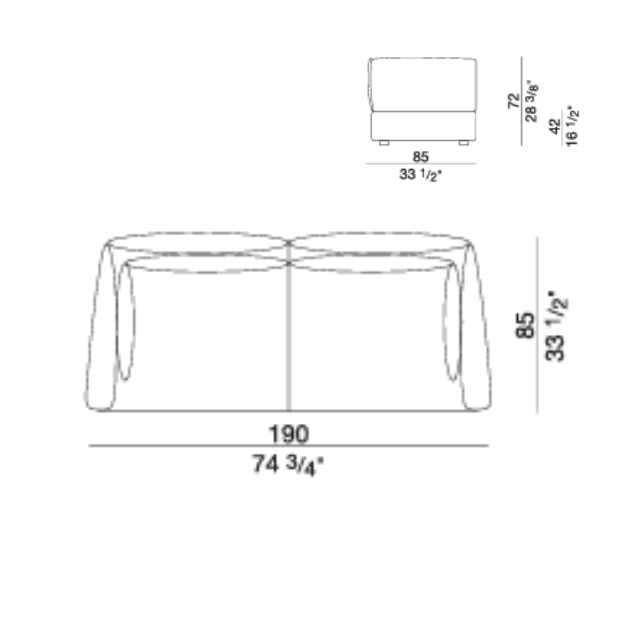 Line drawing of upholstered ottoman and coffee table with dimensions
