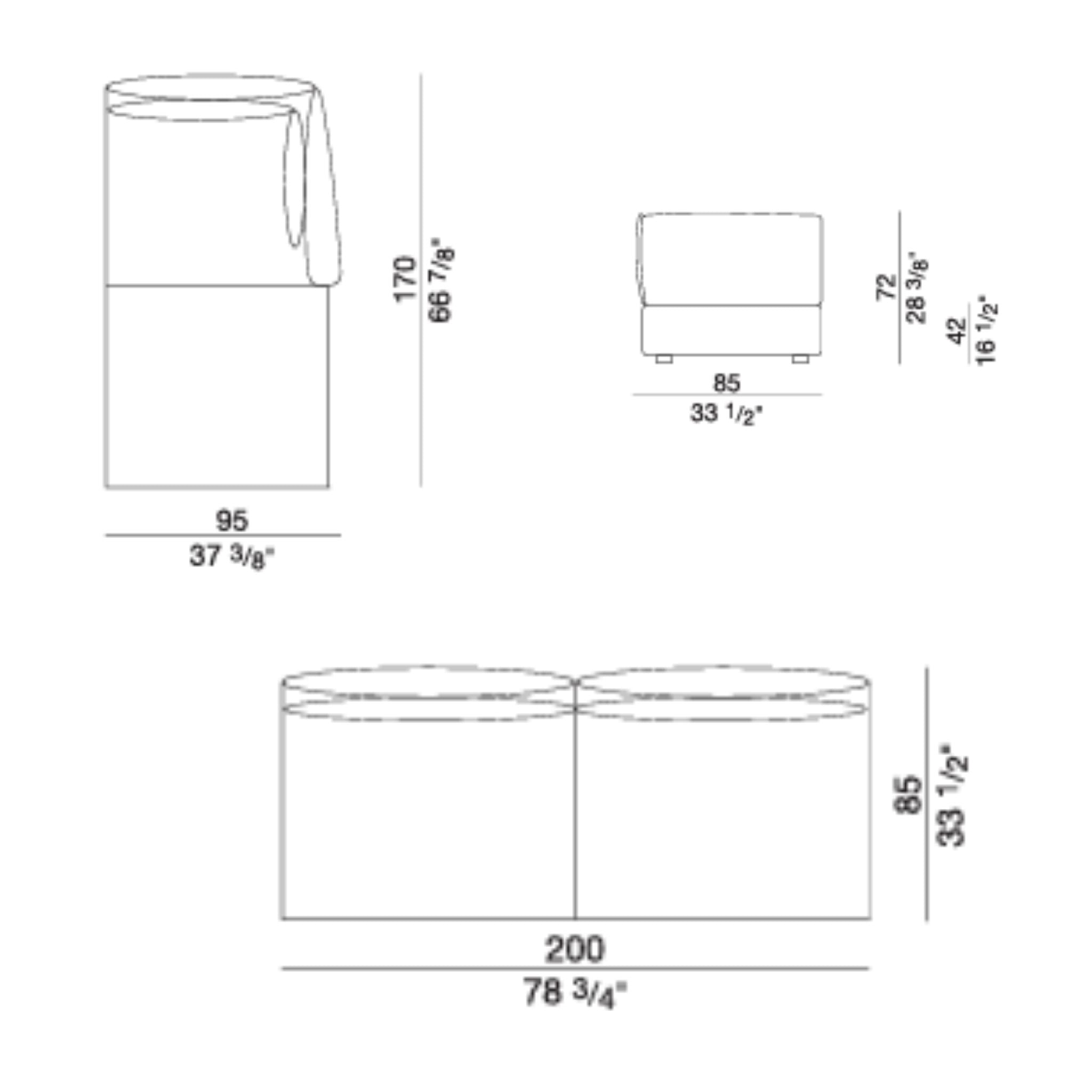 Technical drawing of modular sofa dimensions and configurations