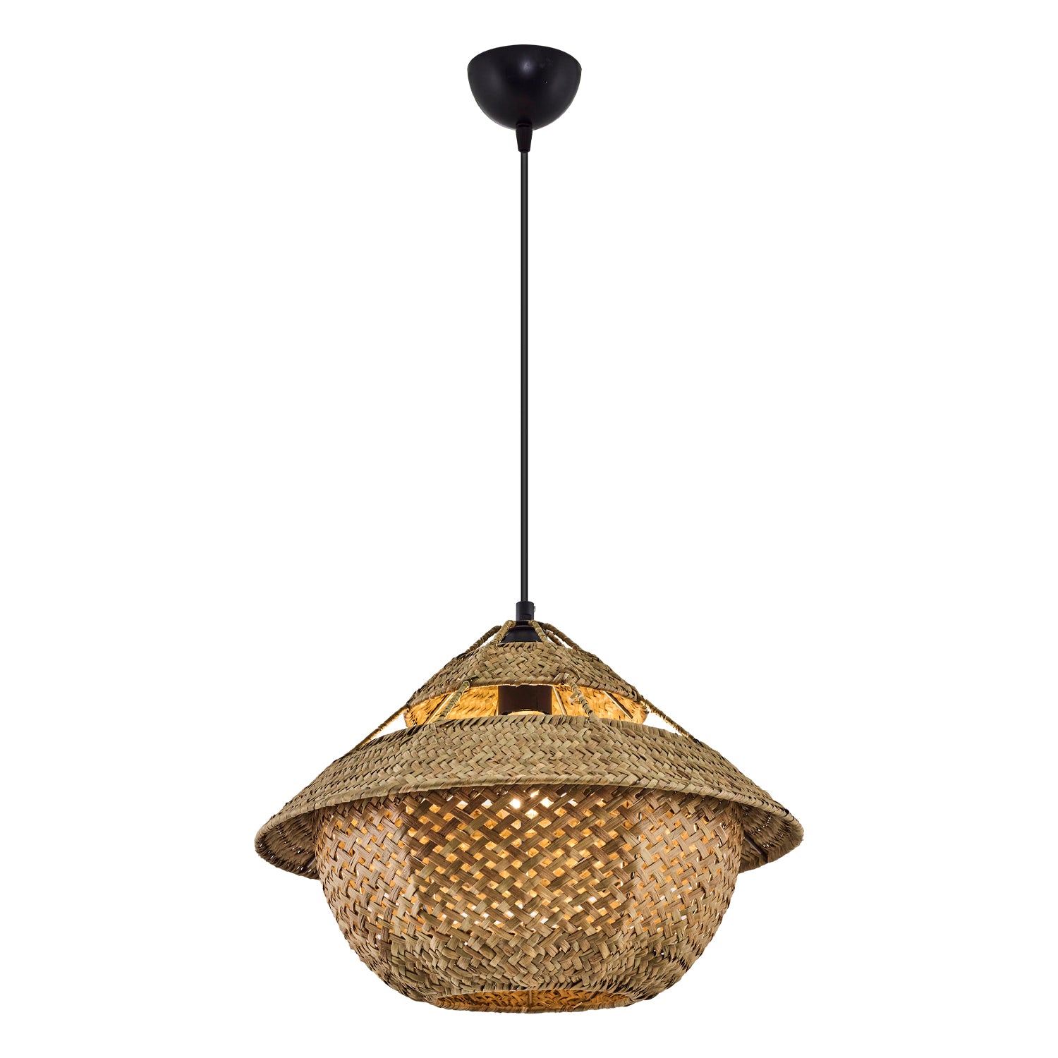 Straw woven pendant lighting fixture with black ceiling mount