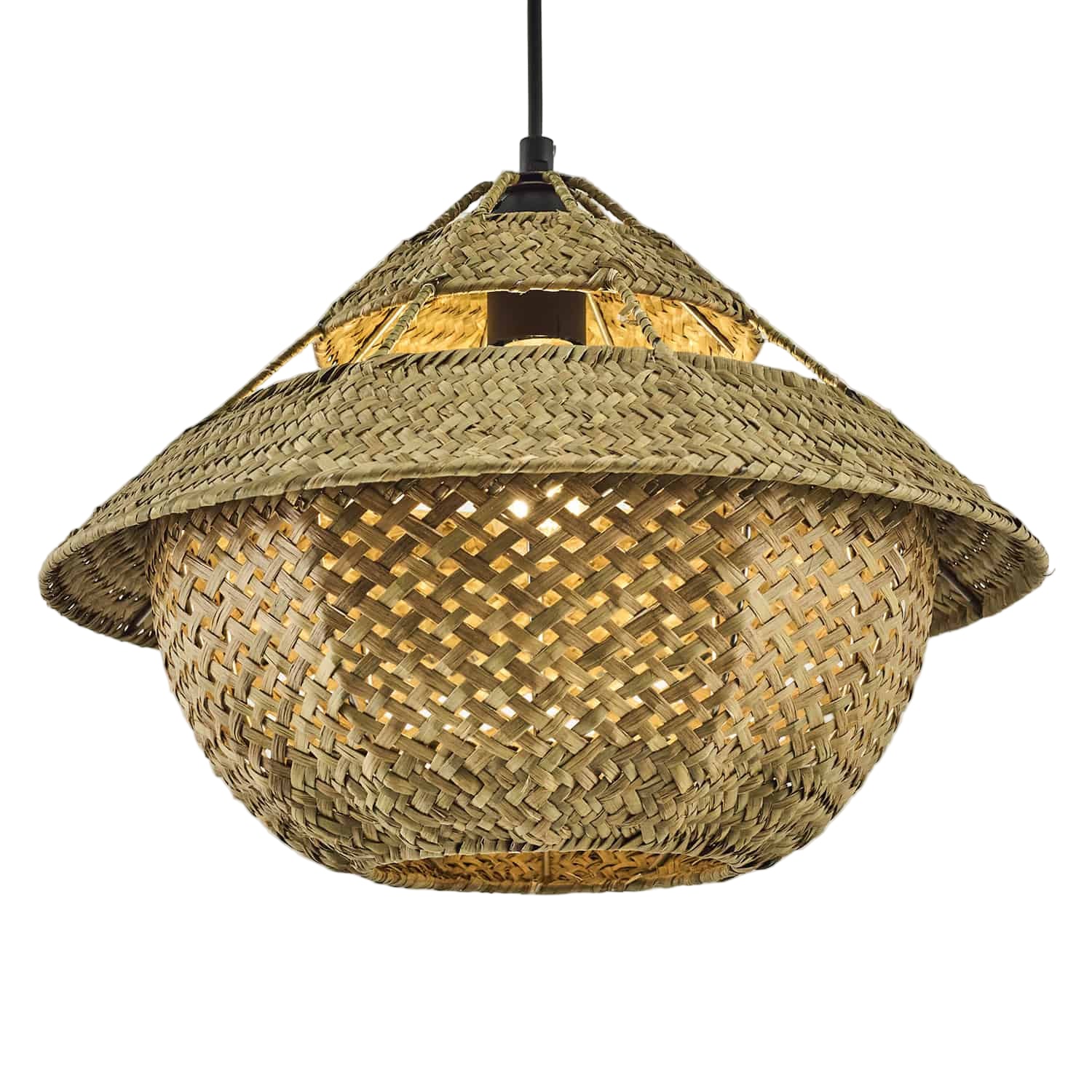 Woven straw pendant lighting fixture with wide brim shade