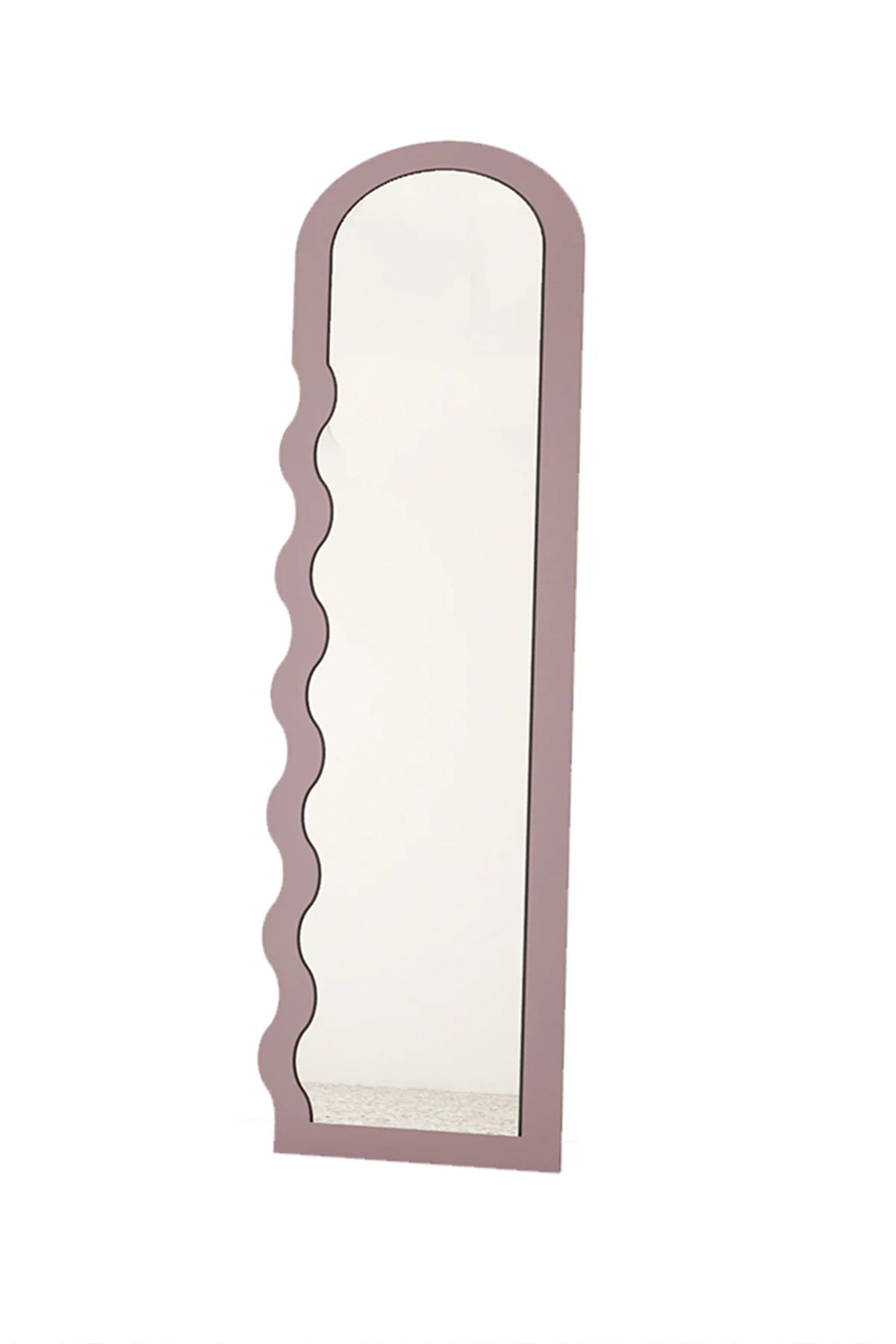 A full-length dusty mauve mirror with a decorative wavy frame against a white background.