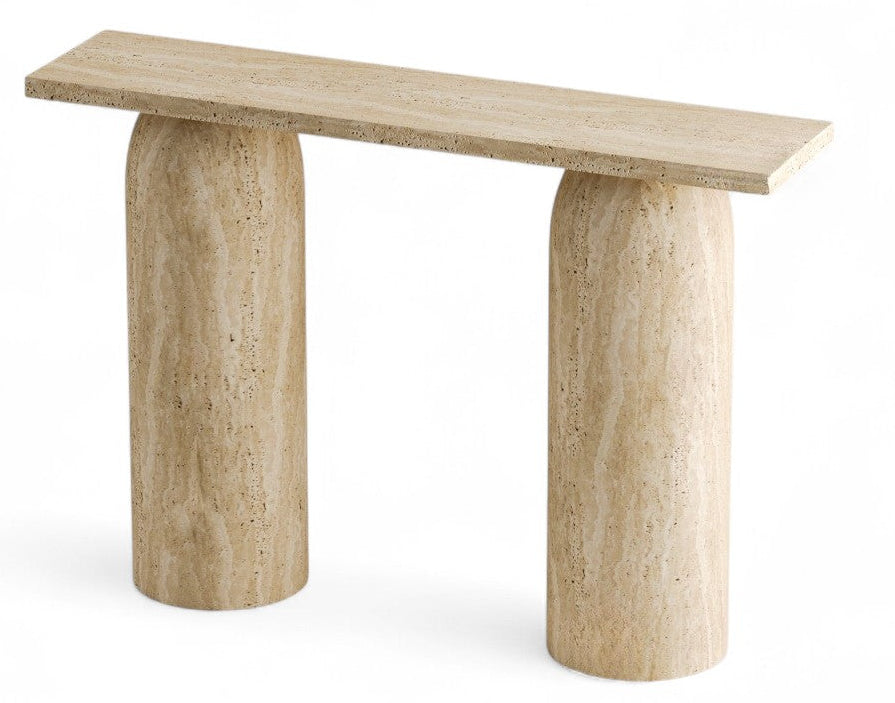 Travertine console table with rectangular top and two cylindrical legs