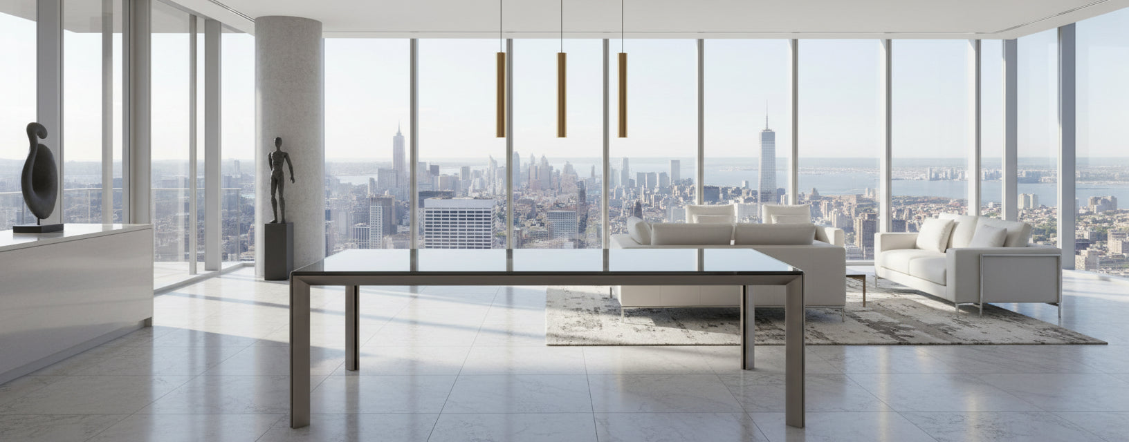 Dining table with glass top and metal legs on white background