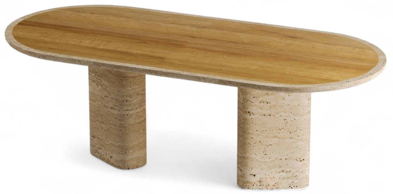 Oval wood top coffee table with travertine bases