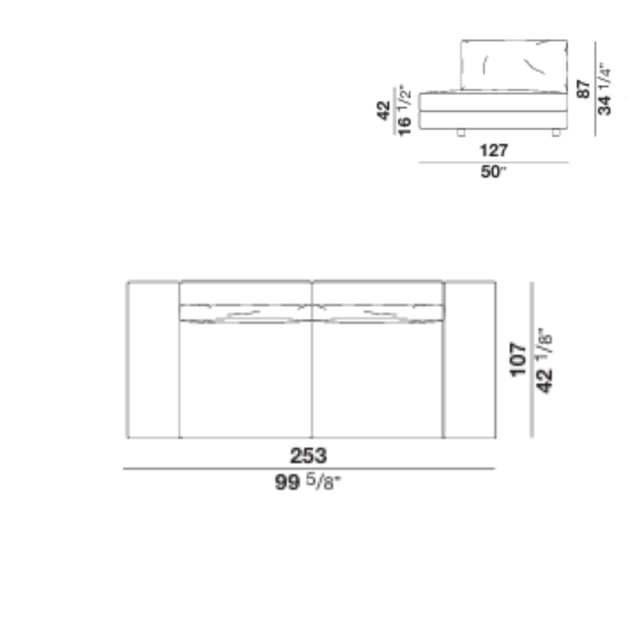 Line drawing of sectional sofa dimensions with measurements
