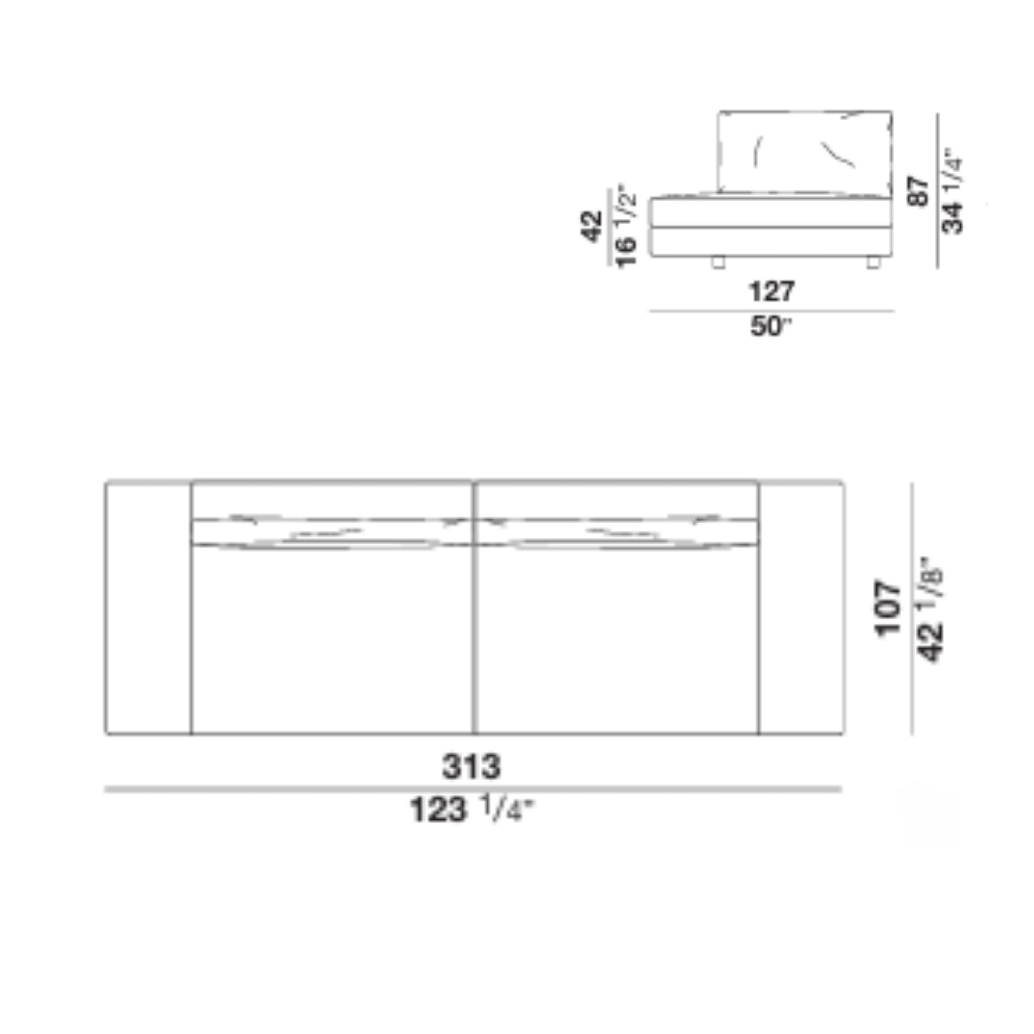View of technical drawing showing sofa dimensions and side view