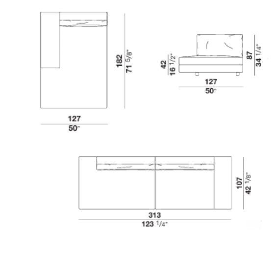 Architectural drawing of modular sofa components with dimensions