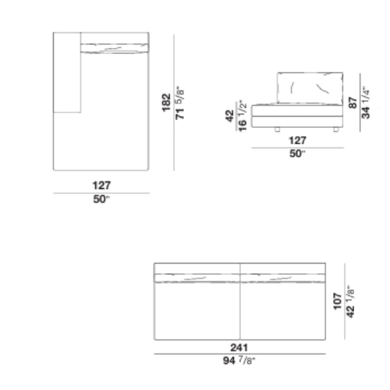 Technical drawing of modular sofa components with dimensions