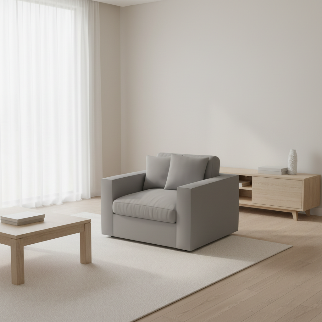 Harvard single-seater armchair in light neutral fabric, front view