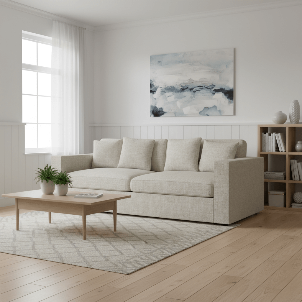 Modern living room with a beige sofa, wooden coffee table, and abstract painting on the wall.