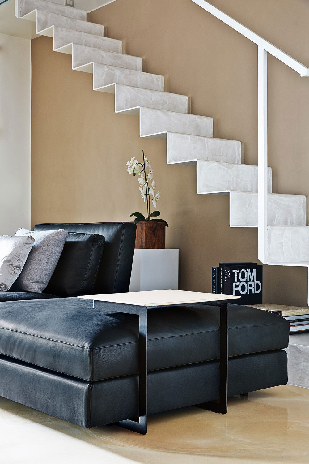 Interior view modern living room black leather sofa side table