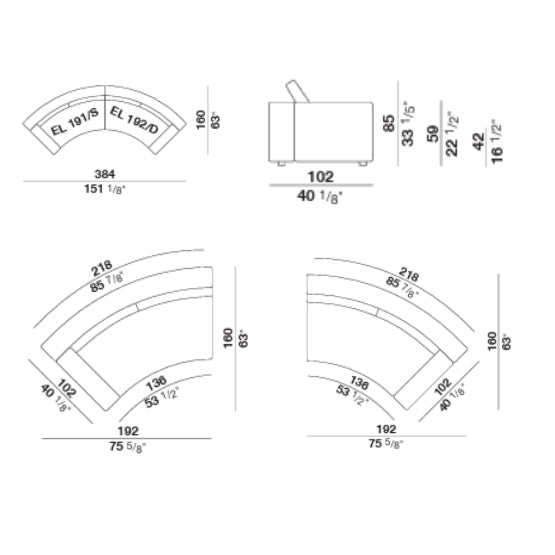 Technical drawing curved modular sofa dimensions