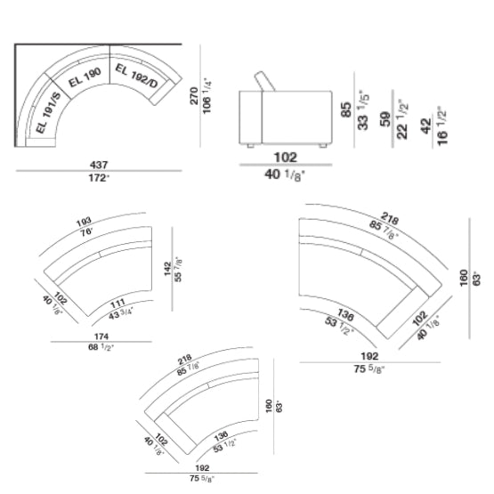 Technical drawing of modular curved sofa with dimensions and sections