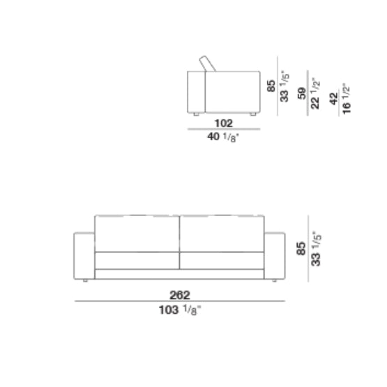 Line drawing sofa dimensions front and side views