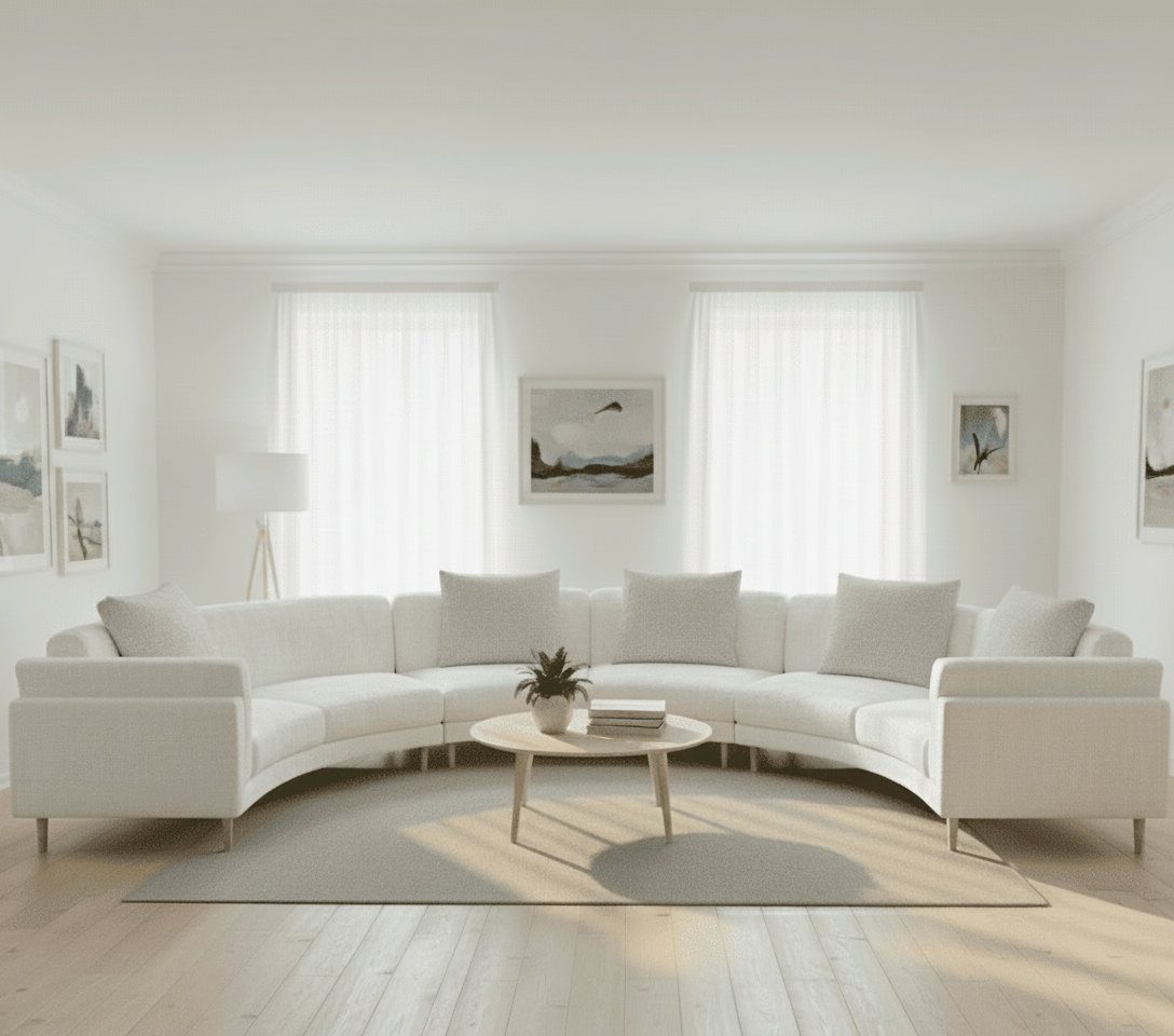 Modern living room with a curved sectional sofa, coffee table, and light decor.