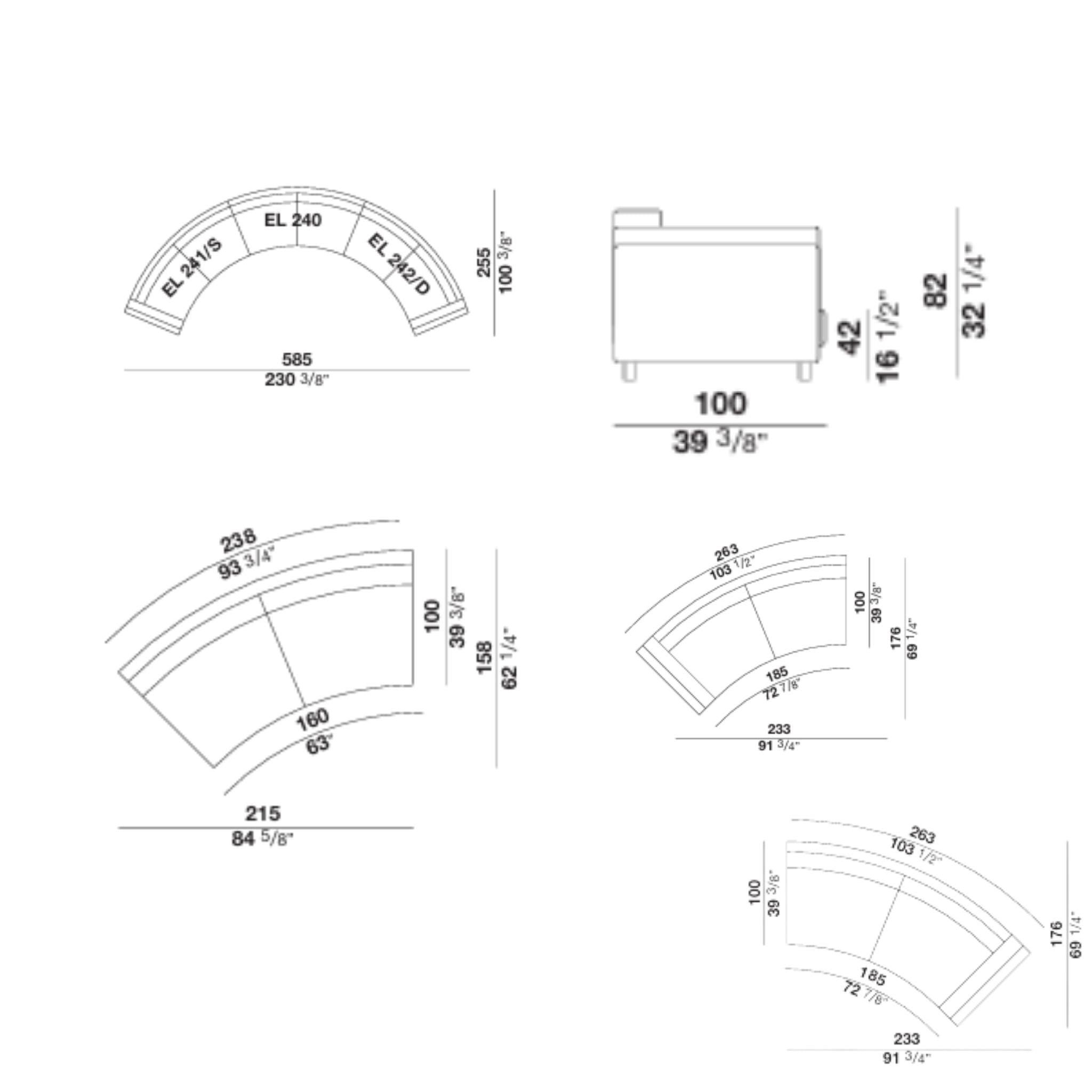 Architectural drawing of curved modular sofa dimensions and configurations.
