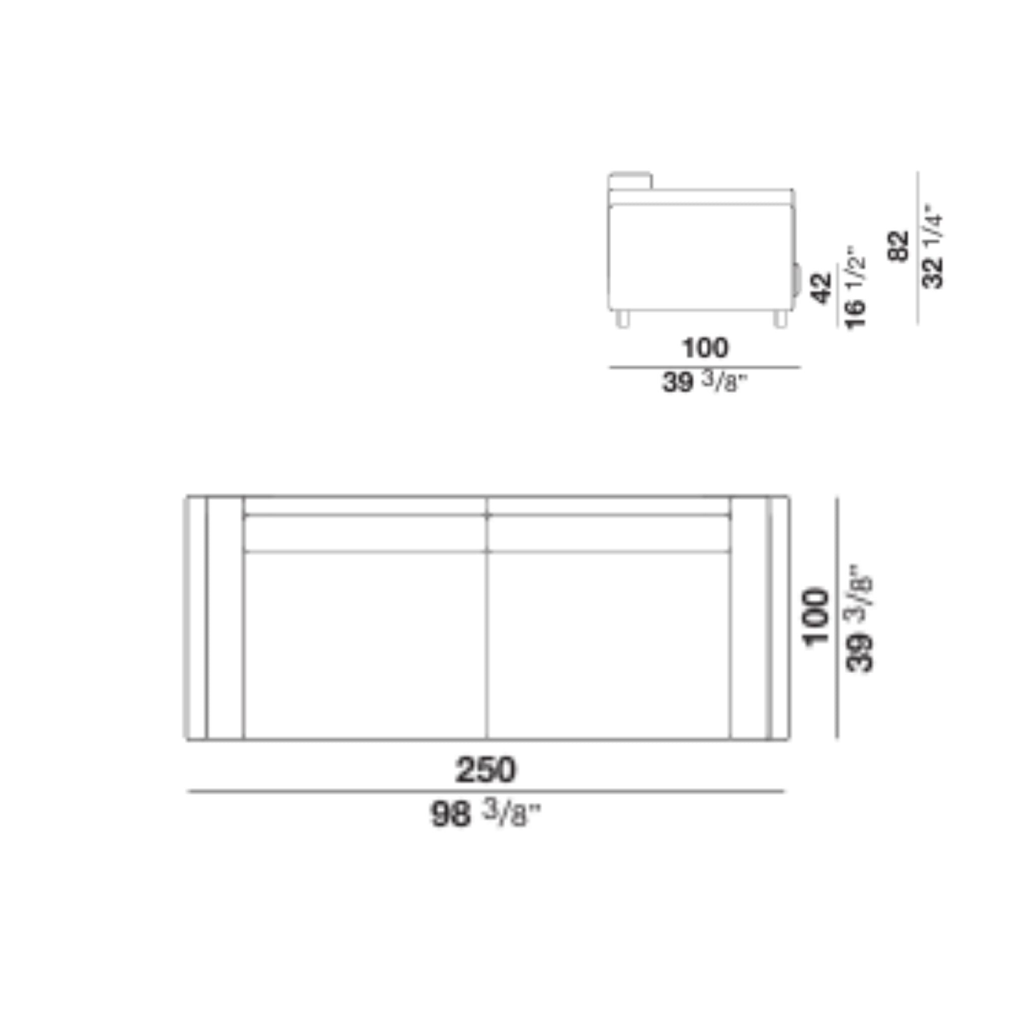 Line drawing of sofa with dimensions for top and side views