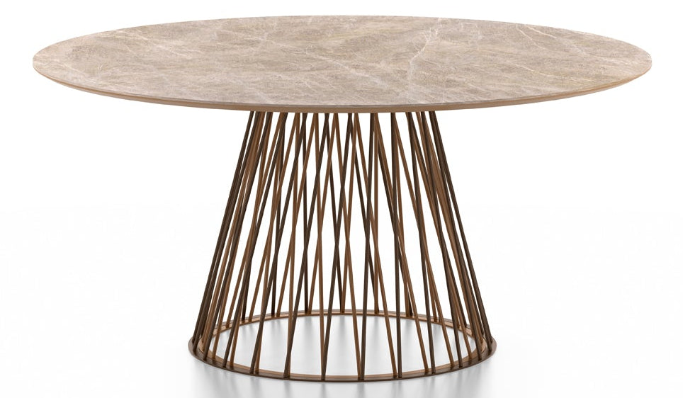Round marble top table with bronze wire base on white background