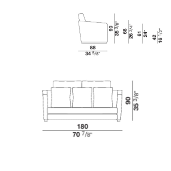 Technical drawing of sofa dimensions showing front and side views
