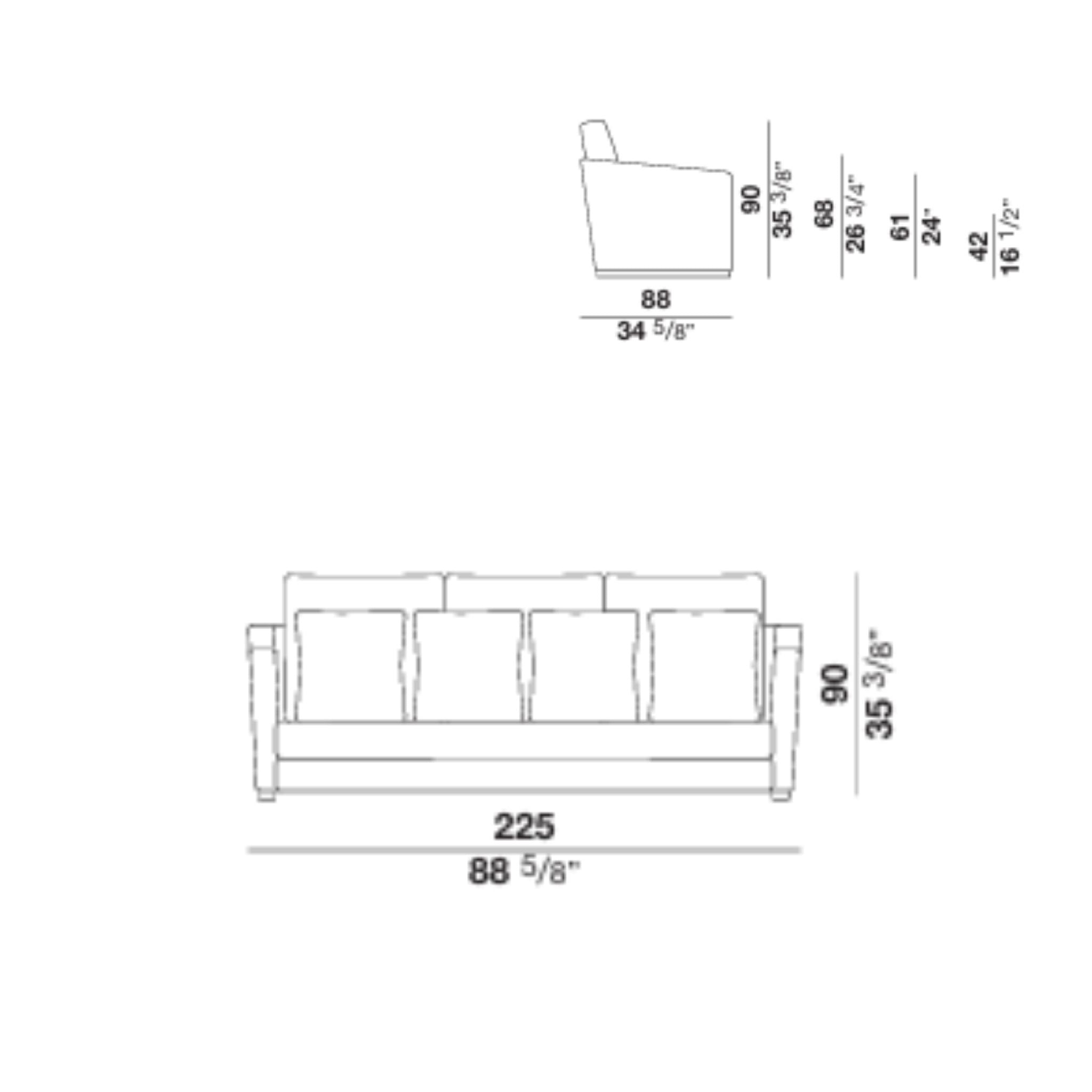 Line drawing of sofa dimensions, front and side view