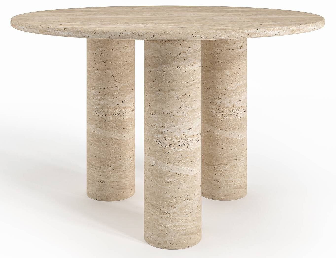 Full view of Luzione Karma round dining table with travertine top and triple cylinder legs. Modern stone furniture for elegant dining or living spaces.