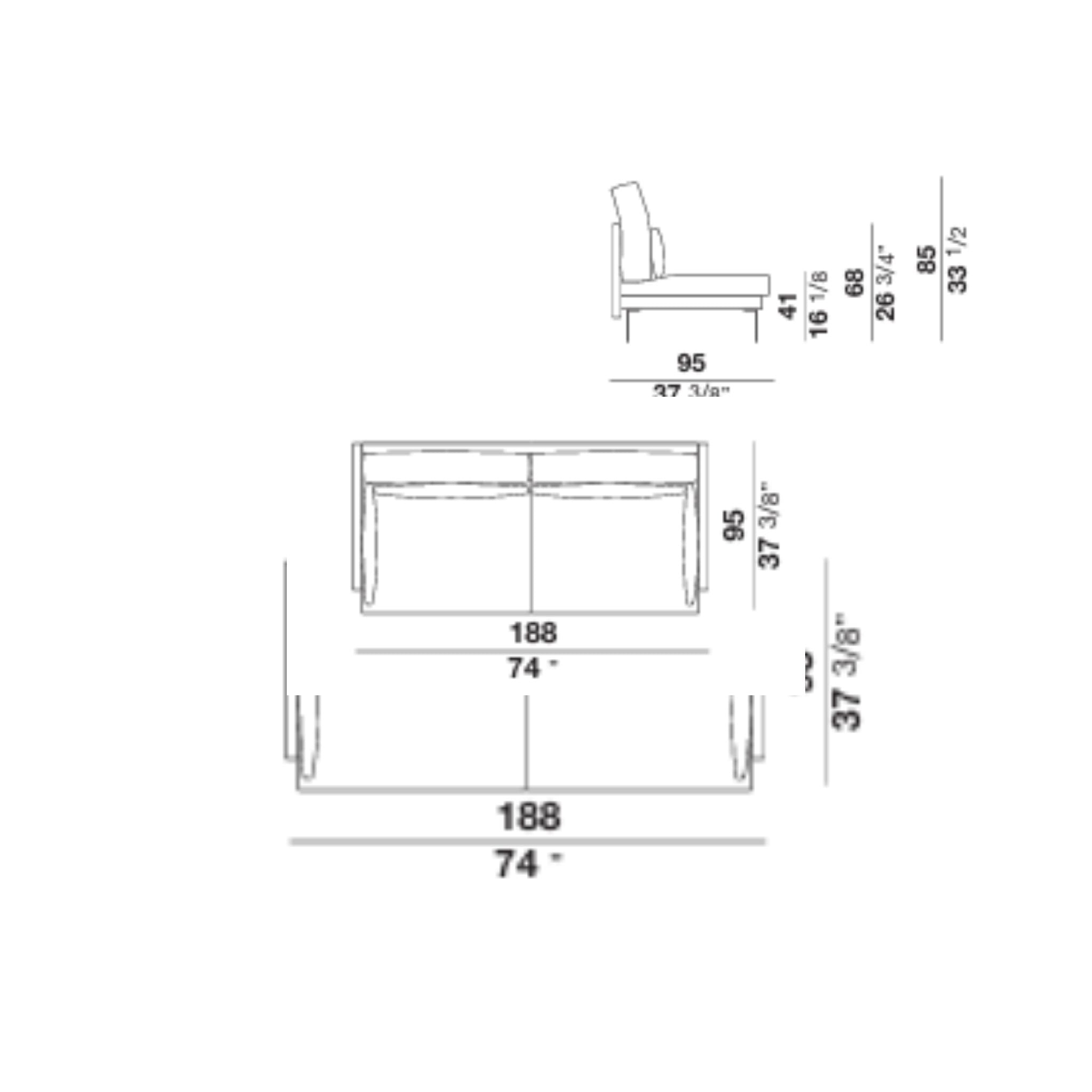 Technical drawing of sofa with dimensions in inches and centimeters