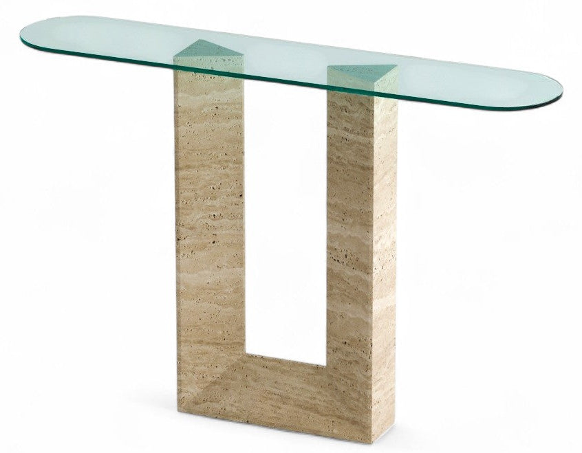 Travertine console table with clear glass top on white background