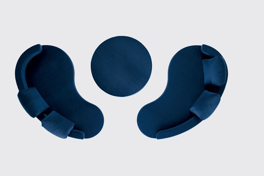 Overhead view of two navy blue curved sofas and round table