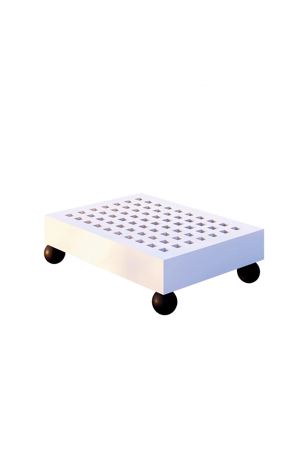 Small white and blue platform with wheels on a white background