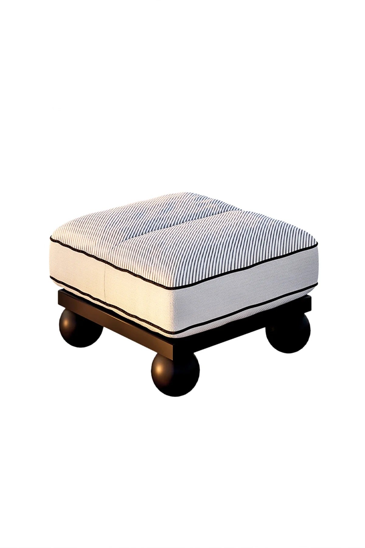 Square ottoman with striped cushion on a white background