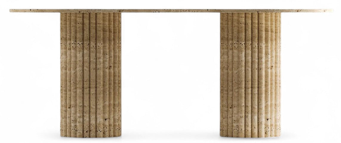 Studio shot of beige travertine console table with fluted cylindrical legs