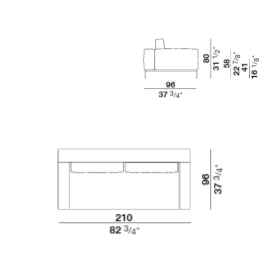 Sofa technical drawing showing top and side dimensions in inches and centimeters