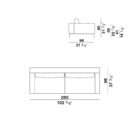 Sofa technical drawing showing dimensions, top and side views