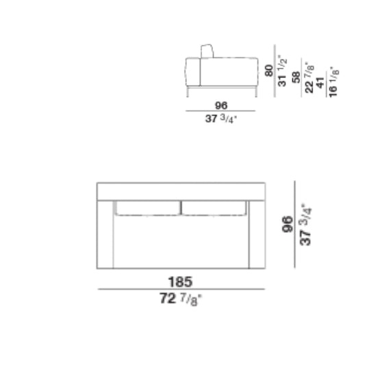 White line drawing sofa dimensions diagram with measurements