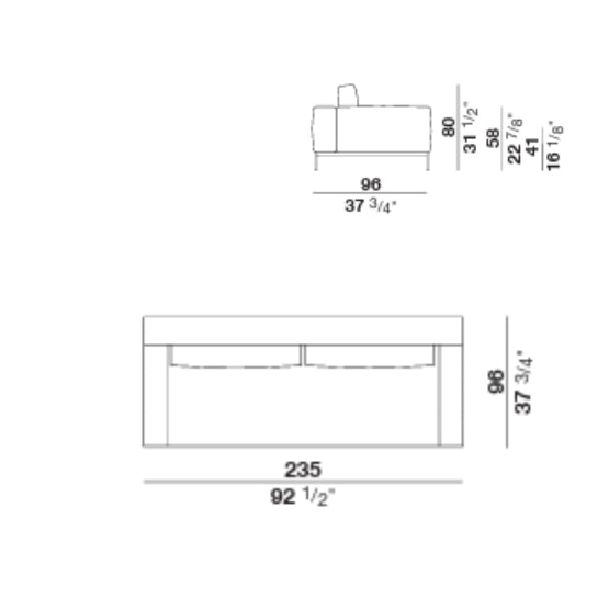 Technical drawing of a two-seater sofa with dimensions shown