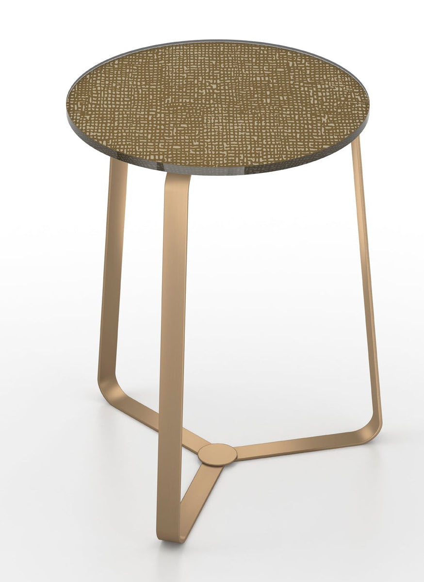Round side table with woven top and gold metal base