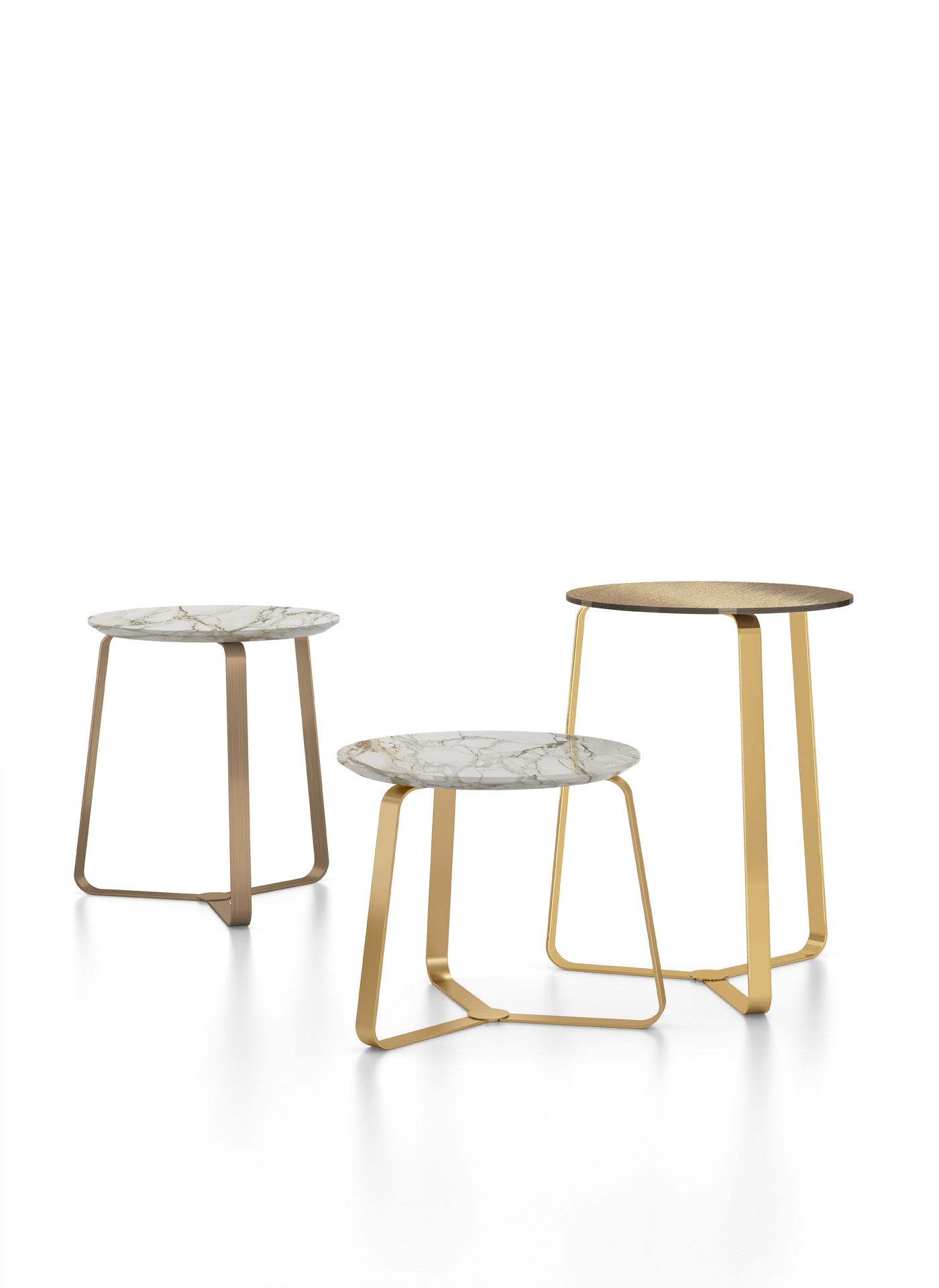 Set of three round side tables with metal bases and marble tops
