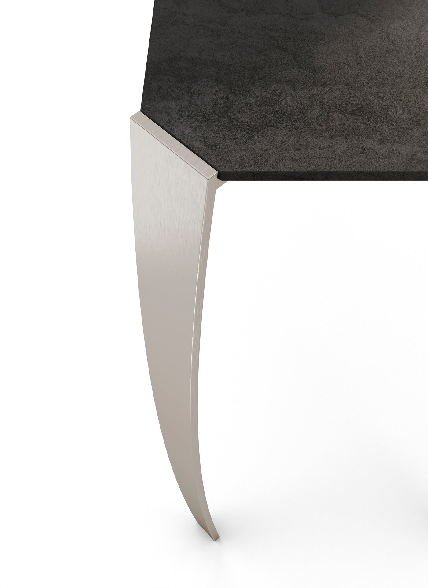 Close up view of black table top with curved metal leg
