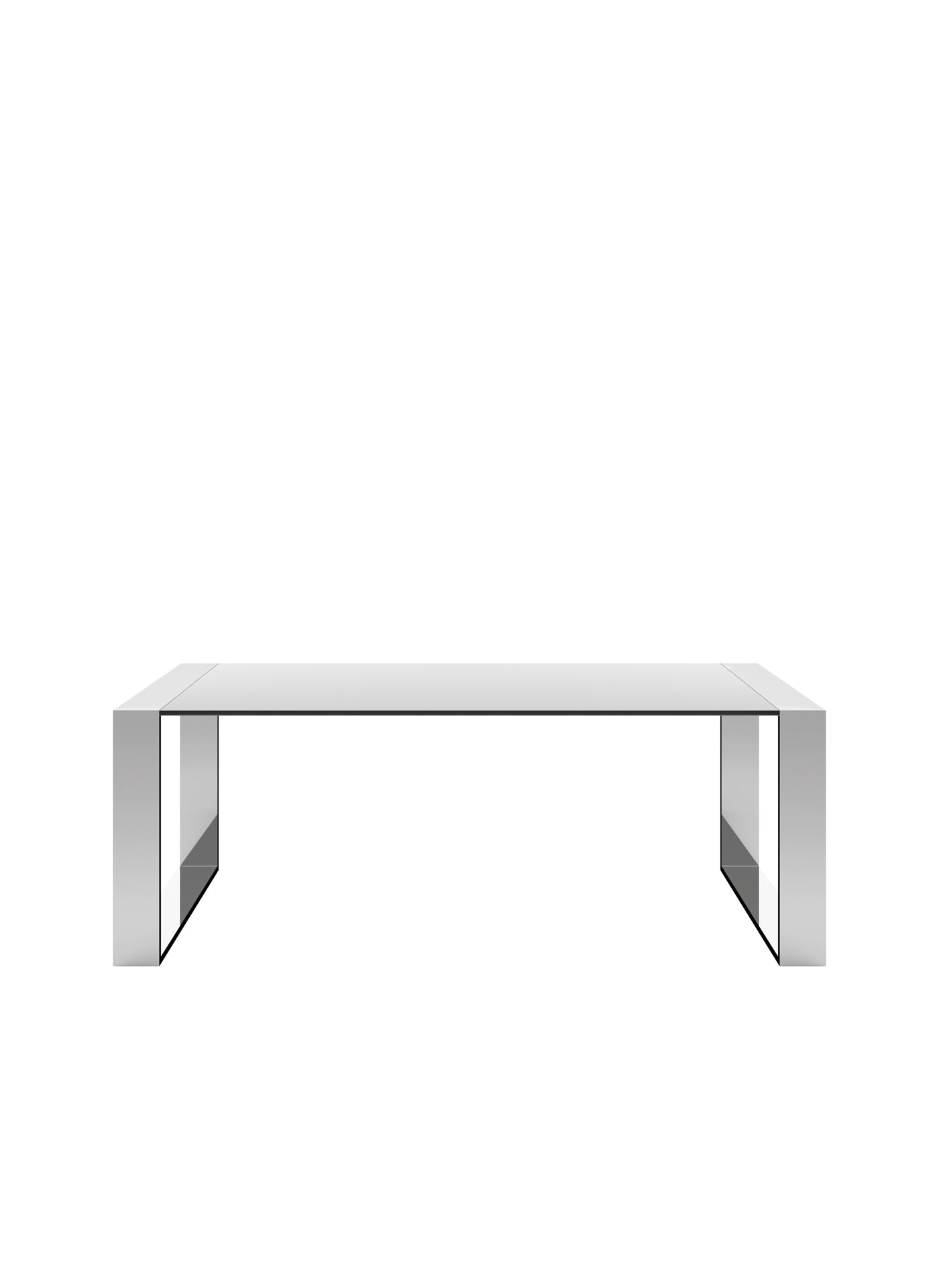 White glass table with mirrored legs on white background