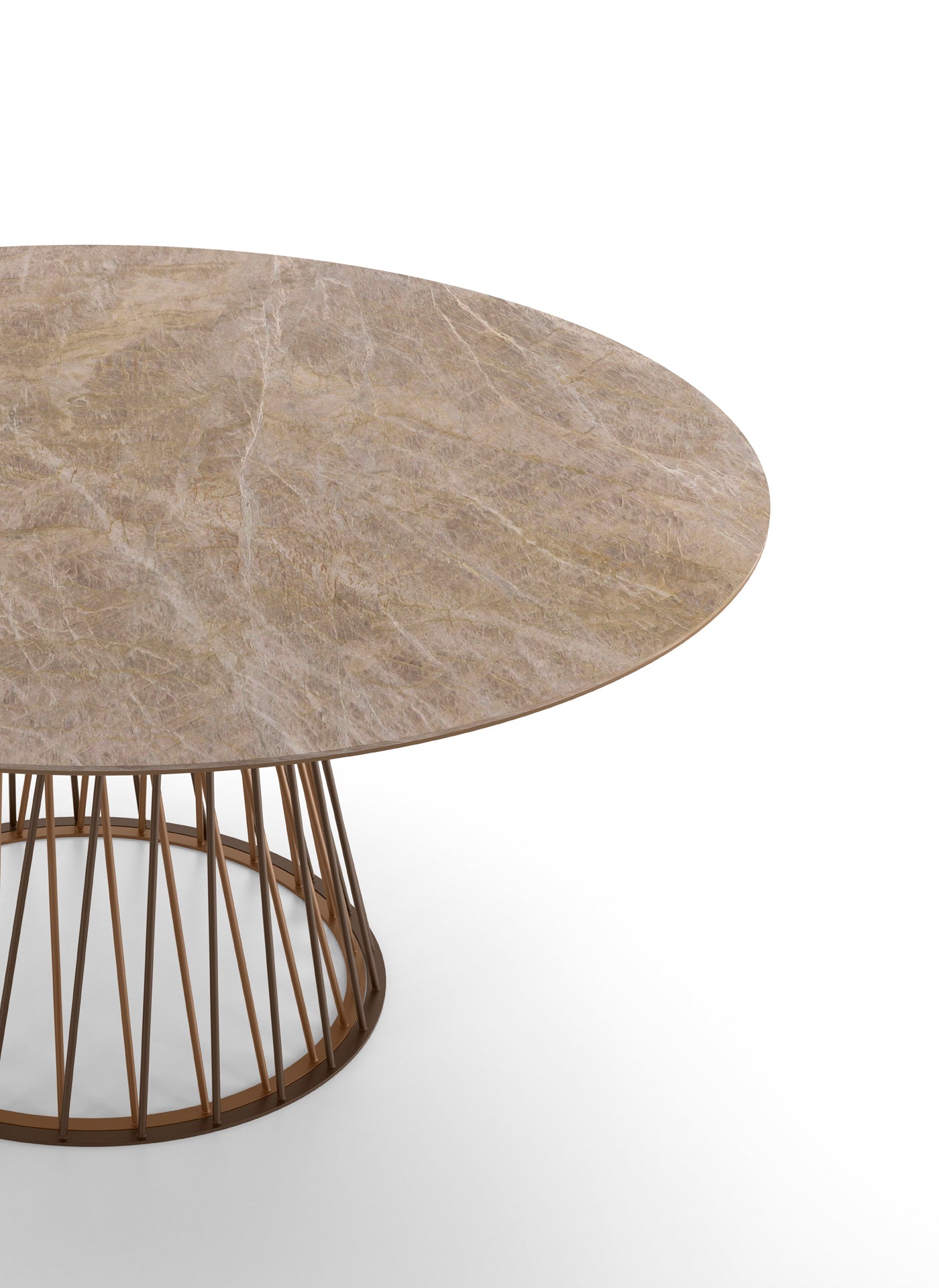 Close up view of round marble table with metal base