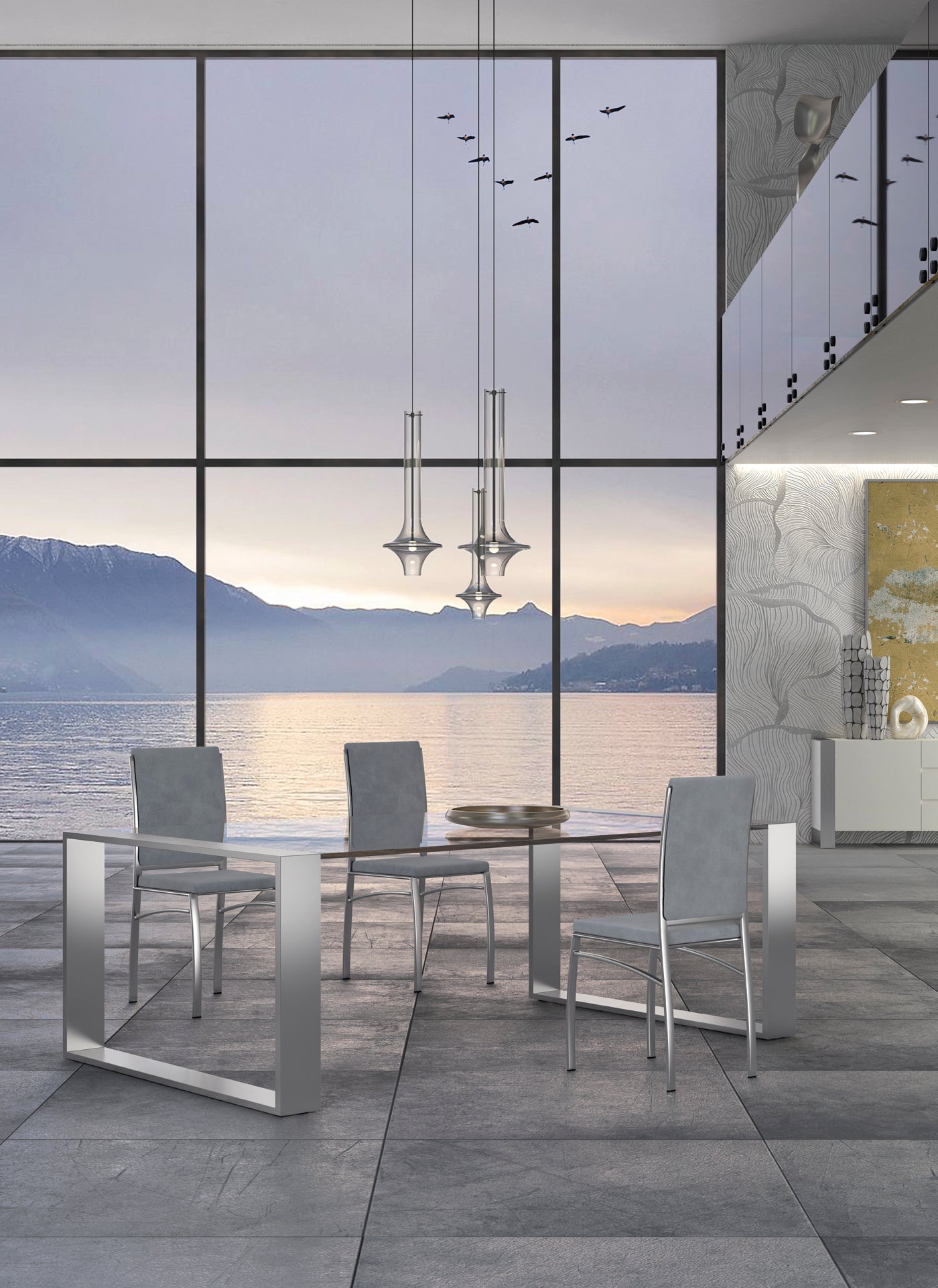 dining room interior, glass table, metal chairs, modern lighting, lake view, luxury furniture