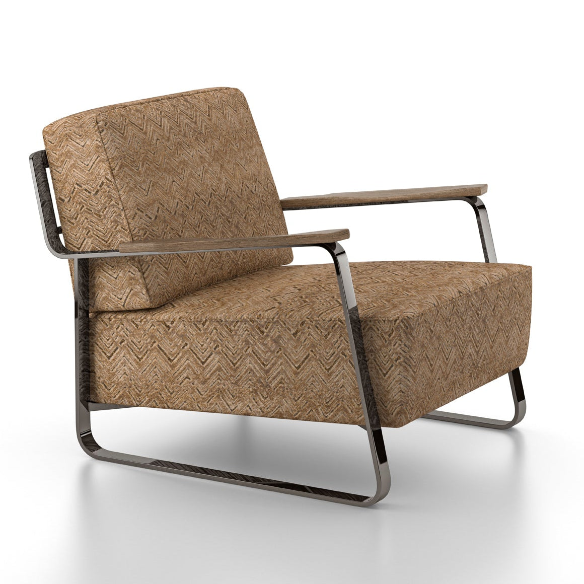 Brown patterned armchair with metal frame and wooden armrests on white background