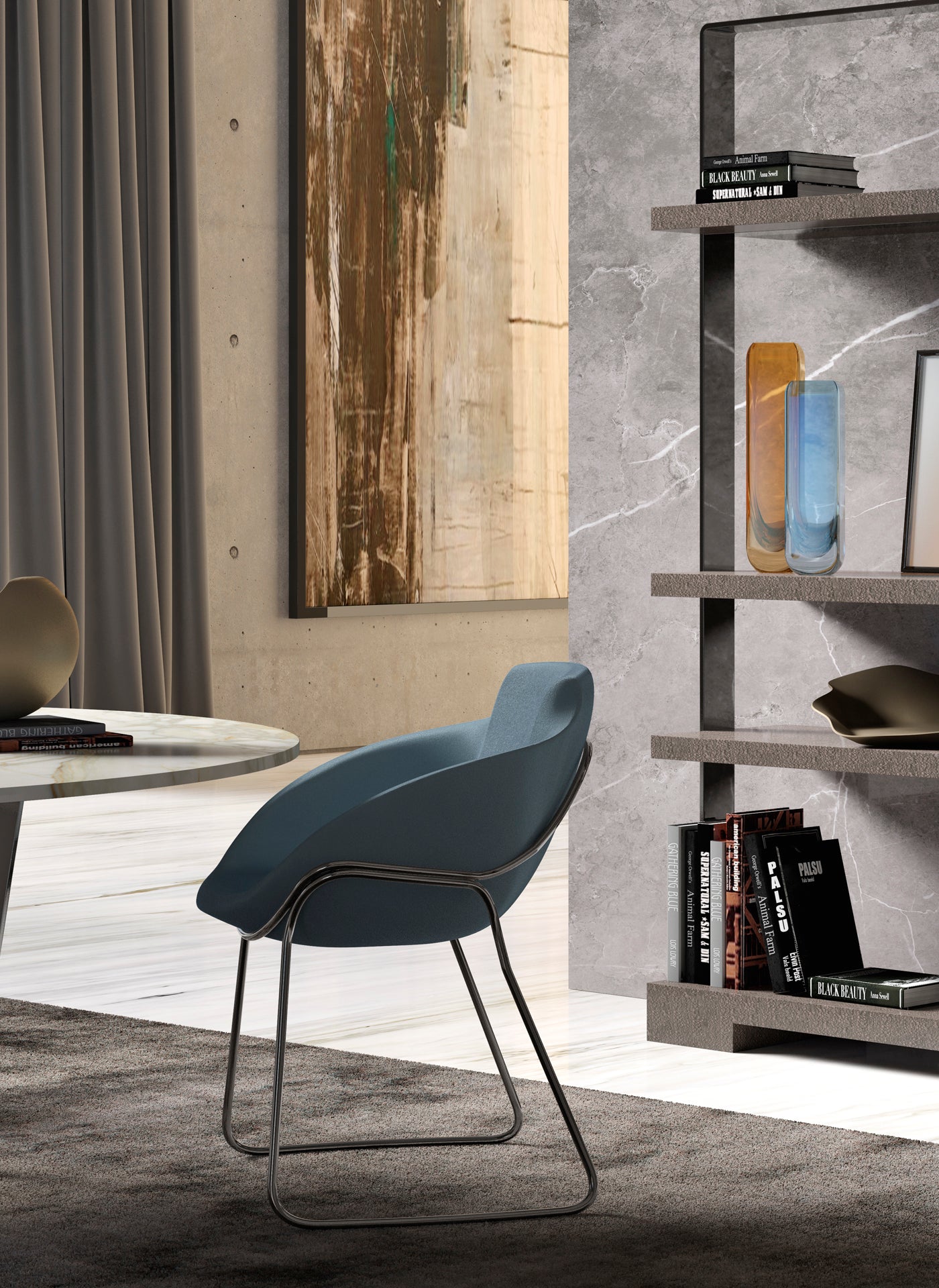 View of modern dining chair, marble table, and gray shelving unit