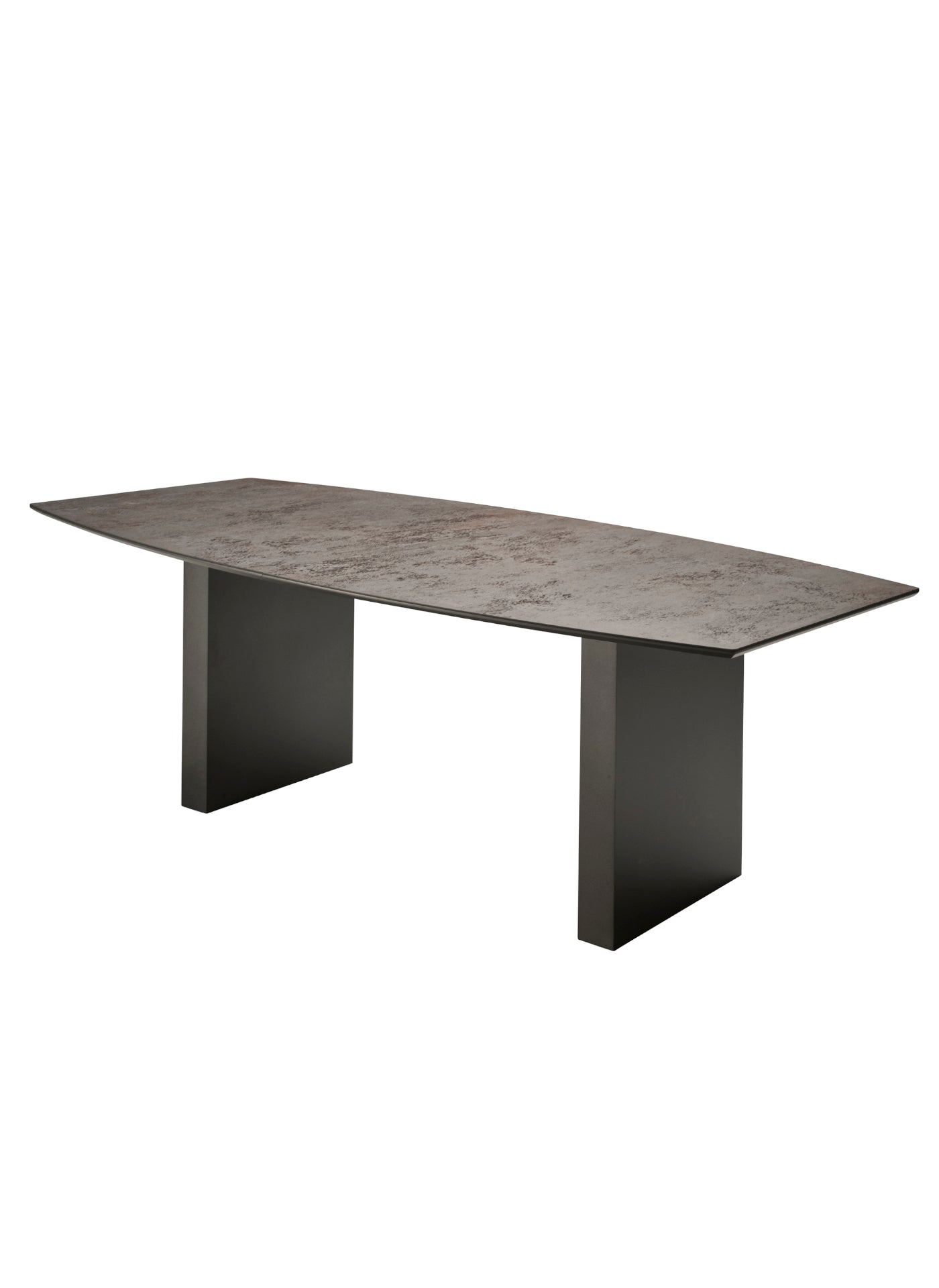 Rectangular dining table with dark textured top and solid base
